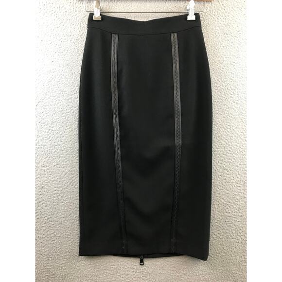 Burberry Black  Leather Trimmed Midi Pencil Skirt Academia USA 4 - Picture 1 of 10